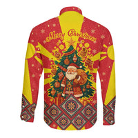 Macedonia Christmas Long Sleeve Button Shirt with Yellow Sun, Santa, and Festive Tree Motif - Wonder Print Shop