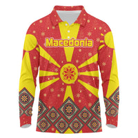 Macedonia Christmas Long Sleeve Polo Shirt with Yellow Sun, Santa, and Festive Tree Motif - Wonder Print Shop