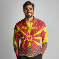 Macedonia Christmas Long Sleeve Polo Shirt with Yellow Sun, Santa, and Festive Tree Motif - Wonder Print Shop