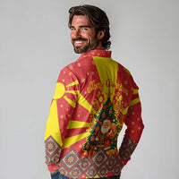 Macedonia Christmas Long Sleeve Polo Shirt with Yellow Sun, Santa, and Festive Tree Motif - Wonder Print Shop