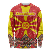 Macedonia Christmas Long Sleeve Shirt with Yellow Sun, Santa, and Festive Tree Motif - Wonder Print Shop