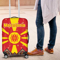 Macedonia Christmas Luggage Cover with Yellow Sun, Santa, and Festive Tree Motif - Wonder Print Shop