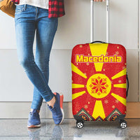Macedonia Christmas Luggage Cover with Yellow Sun, Santa, and Festive Tree Motif - Wonder Print Shop