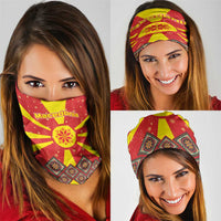 Macedonia Christmas Neck Gaiter with Yellow Sun, Santa, and Festive Tree Motif - Wonder Print Shop