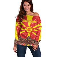 Macedonia Christmas Off Shoulder Sweater with Yellow Sun, Santa, and Festive Tree Motif - Wonder Print Shop