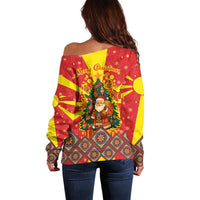 Macedonia Christmas Off Shoulder Sweater with Yellow Sun, Santa, and Festive Tree Motif - Wonder Print Shop