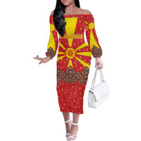 Macedonia Christmas Off The Shoulder Long Sleeve Dress with Yellow Sun, Santa, and Festive Tree Motif - Wonder Print Shop