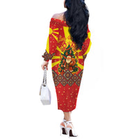 Macedonia Christmas Off The Shoulder Long Sleeve Dress with Yellow Sun, Santa, and Festive Tree Motif - Wonder Print Shop