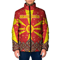 Macedonia Christmas Padded Jacket with Yellow Sun, Santa, and Festive Tree Motif - Wonder Print Shop