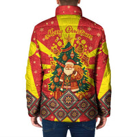 Macedonia Christmas Padded Jacket with Yellow Sun, Santa, and Festive Tree Motif - Wonder Print Shop