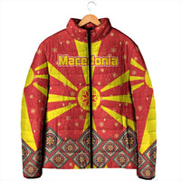 Macedonia Christmas Padded Jacket with Yellow Sun, Santa, and Festive Tree Motif - Wonder Print Shop
