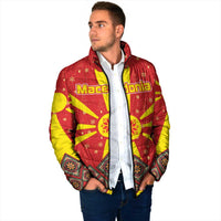 Macedonia Christmas Padded Jacket with Yellow Sun, Santa, and Festive Tree Motif - Wonder Print Shop