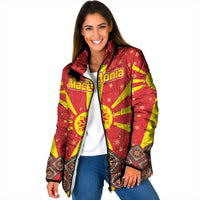 Macedonia Christmas Padded Jacket with Yellow Sun, Santa, and Festive Tree Motif - Wonder Print Shop