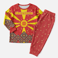 Macedonia Christmas Pajama Set with Yellow Sun, Santa, and Festive Tree Motif - Wonder Print Shop