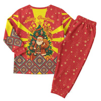 Macedonia Christmas Pajama Set with Yellow Sun, Santa, and Festive Tree Motif - Wonder Print Shop