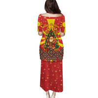 Macedonia Christmas Puletasi with Yellow Sun, Santa, and Festive Tree Motif - Wonder Print Shop