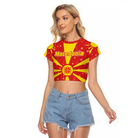 Macedonia Christmas Raglan Cropped T Shirt with Yellow Sun, Santa, and Festive Tree Motif - Wonder Print Shop
