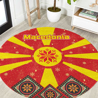 Macedonia Christmas Round Carpet with Yellow Sun, Santa, and Festive Tree Motif - Wonder Print Shop