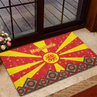 Macedonia Christmas Rubber Doormat with Yellow Sun, Santa, and Festive Tree Motif - Wonder Print Shop