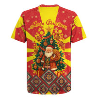 Macedonia Christmas Rugby Jersey with Yellow Sun, Santa, and Festive Tree Motif - Wonder Print Shop