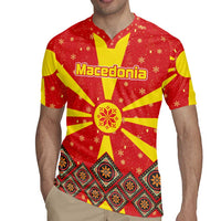 Macedonia Christmas Rugby Jersey with Yellow Sun, Santa, and Festive Tree Motif - Wonder Print Shop