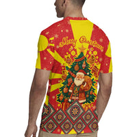 Macedonia Christmas Rugby Jersey with Yellow Sun, Santa, and Festive Tree Motif - Wonder Print Shop