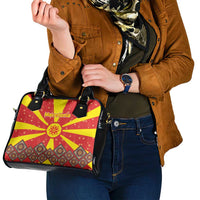 Macedonia Christmas Shoulder Handbag with Yellow Sun, Santa, and Festive Tree Motif - Wonder Print Shop