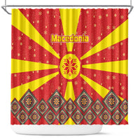 Macedonia Christmas Shower Curtain with Yellow Sun, Santa, and Festive Tree Motif - Wonder Print Shop