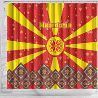 Macedonia Christmas Shower Curtain with Yellow Sun, Santa, and Festive Tree Motif - Wonder Print Shop
