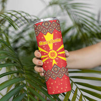 Macedonia Christmas Skinny Tumbler with Yellow Sun, Santa, and Festive Tree Motif - Wonder Print Shop