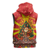 Macedonia Christmas Sleeveless Hoodie with Yellow Sun, Santa, and Festive Tree Motif - Wonder Print Shop