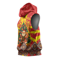 Macedonia Christmas Sleeveless Hoodie with Yellow Sun, Santa, and Festive Tree Motif - Wonder Print Shop