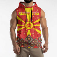 Macedonia Christmas Sleeveless Hoodie with Yellow Sun, Santa, and Festive Tree Motif - Wonder Print Shop