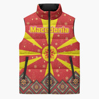Macedonia Christmas Sleeveless Puffer Jacket with Yellow Sun, Santa, and Festive Tree Motif - Wonder Print Shop