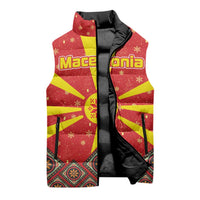 Macedonia Christmas Sleeveless Puffer Jacket with Yellow Sun, Santa, and Festive Tree Motif - Wonder Print Shop