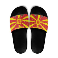 Macedonia Christmas Slide Sandals with Yellow Sun, Santa, and Festive Tree Motif - Wonder Print Shop