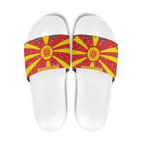 Macedonia Christmas Slide Sandals with Yellow Sun, Santa, and Festive Tree Motif - Wonder Print Shop