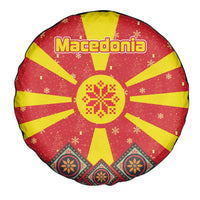 Macedonia Christmas Spare Tire Cover with Yellow Sun, Santa, and Festive Tree Motif - Wonder Print Shop