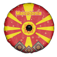 Macedonia Christmas Spare Tire Cover with Yellow Sun, Santa, and Festive Tree Motif - Wonder Print Shop