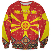 Macedonia Christmas Sweatshirt with Yellow Sun, Santa, and Festive Tree Motif - Wonder Print Shop