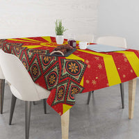 Macedonia Christmas Tablecloth with Yellow Sun, Santa, and Festive Tree Motif - Wonder Print Shop
