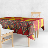 Macedonia Christmas Tablecloth with Yellow Sun, Santa, and Festive Tree Motif - Wonder Print Shop