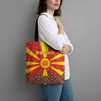 Macedonia Christmas Tote Bag with Yellow Sun, Santa, and Festive Tree Motif - Wonder Print Shop