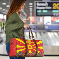Macedonia Christmas Travel Bag with Yellow Sun, Santa, and Festive Tree Motif - Wonder Print Shop