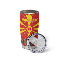 Macedonia Christmas Tumbler Cup with Yellow Sun, Santa, and Festive Tree Motif - Wonder Print Shop