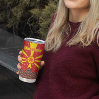 Macedonia Christmas Tumbler Cup with Yellow Sun, Santa, and Festive Tree Motif - Wonder Print Shop
