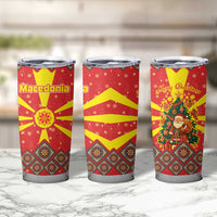 Macedonia Christmas Tumbler Cup with Yellow Sun, Santa, and Festive Tree Motif - Wonder Print Shop