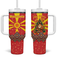 Macedonia Christmas Tumbler With Handle with Yellow Sun, Santa, and Festive Tree Motif - Wonder Print Shop