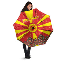 Macedonia Christmas Umbrella with Yellow Sun, Santa, and Festive Tree Motif - Wonder Print Shop