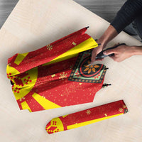 Macedonia Christmas Umbrella with Yellow Sun, Santa, and Festive Tree Motif - Wonder Print Shop